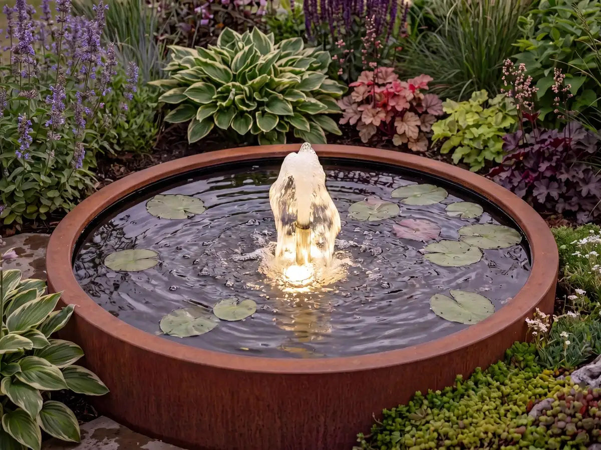 Rundes Wasserbecken aus Cortenstahl als Springbrunnen mit Wasserfontäne und Beleuchtung am Abend
