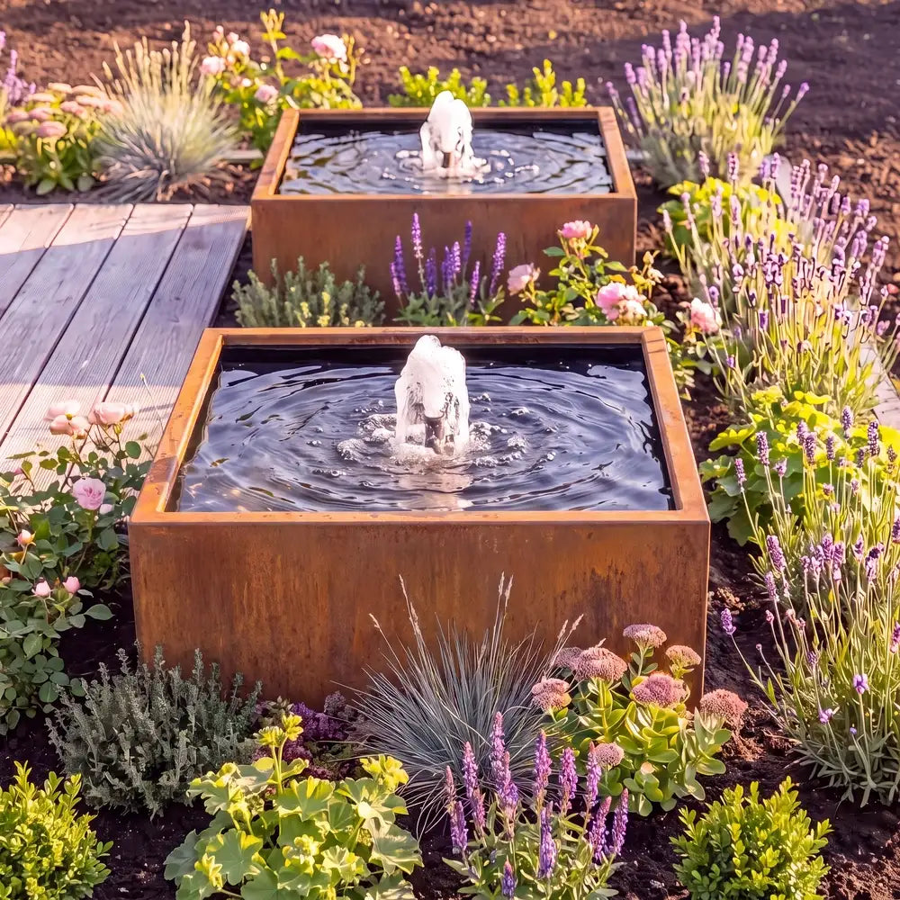 Quadratischer Corten-Teich als Gartenbrunnen mit Schaumsprudler und Wasserfontäne im Aussenbereich.