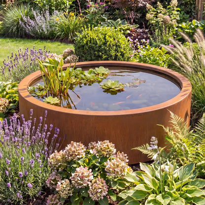 Moderner Gartenteich mit Pflanzen und Fischen und einem runden Wasserbecken aus Cortenstahl in einem grünen Blumenbeet.