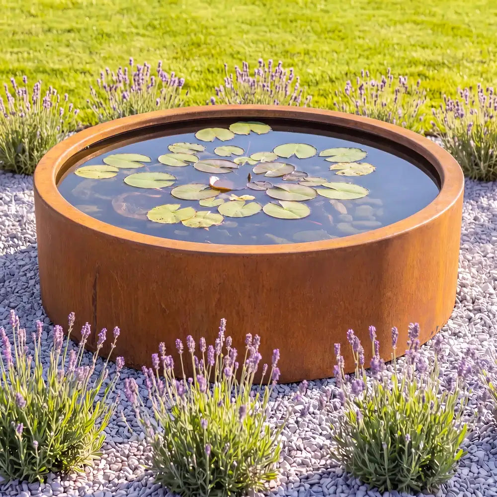 Rundes Corten-Wasserbecken mit Wasserpflanzen auf einer Kiesfläche in einem minimalem Gartendesign.