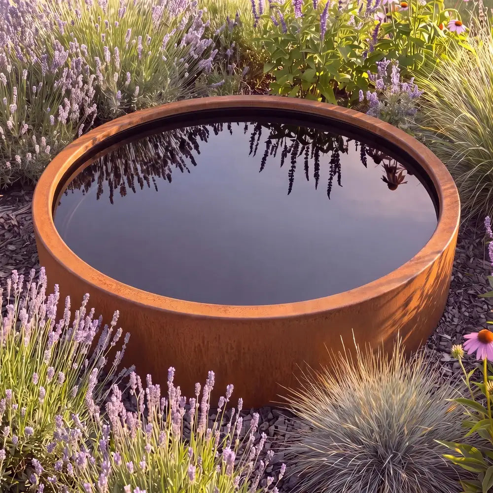 Runder Teich aus Cortenstahl mit spiegelglatter Wasseroberfläche zwischen mediterranen Pflanzen in einem modernen Garten.