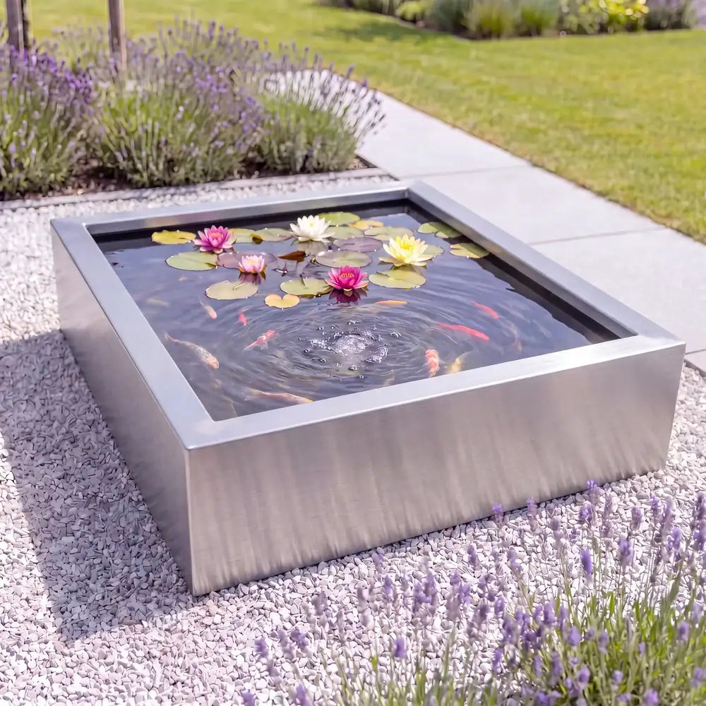 Großer quadratischer Teich aus Edelstahl mit Fischen mit mediterranen Pflanzen in einem modernen Garten.