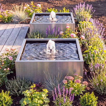 Quadratischer Edelstahl-Teich als Gartenbrunnen mit Schaumsprudler und Wasserfontäne im Aussenbereich.