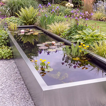 Rechteckiges Teichbecken aus Edelstahl in einen grünen Garten zwischen Pflanzen in einem Blumenbeet als Gartenteich mit Wasserpflanzen im Wasser.