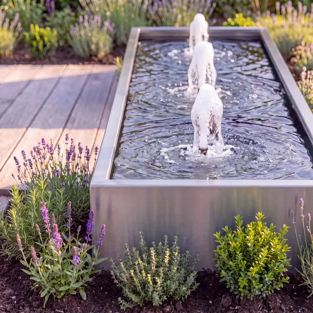 Rechteckiges Wasserbecken aus Edelstahl mit Schaumsprudler und Wasserfontänen als Metall-Gartenbrunnen in einem modernen Garten.