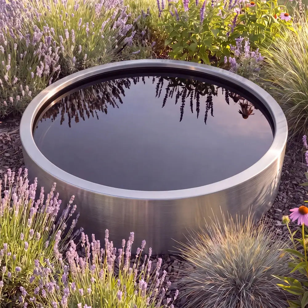 Runder Teich aus Edelstahl mit spiegelglatter Wasseroberfläche zwischen mediterranen Pflanzen in einem modernen Garten.