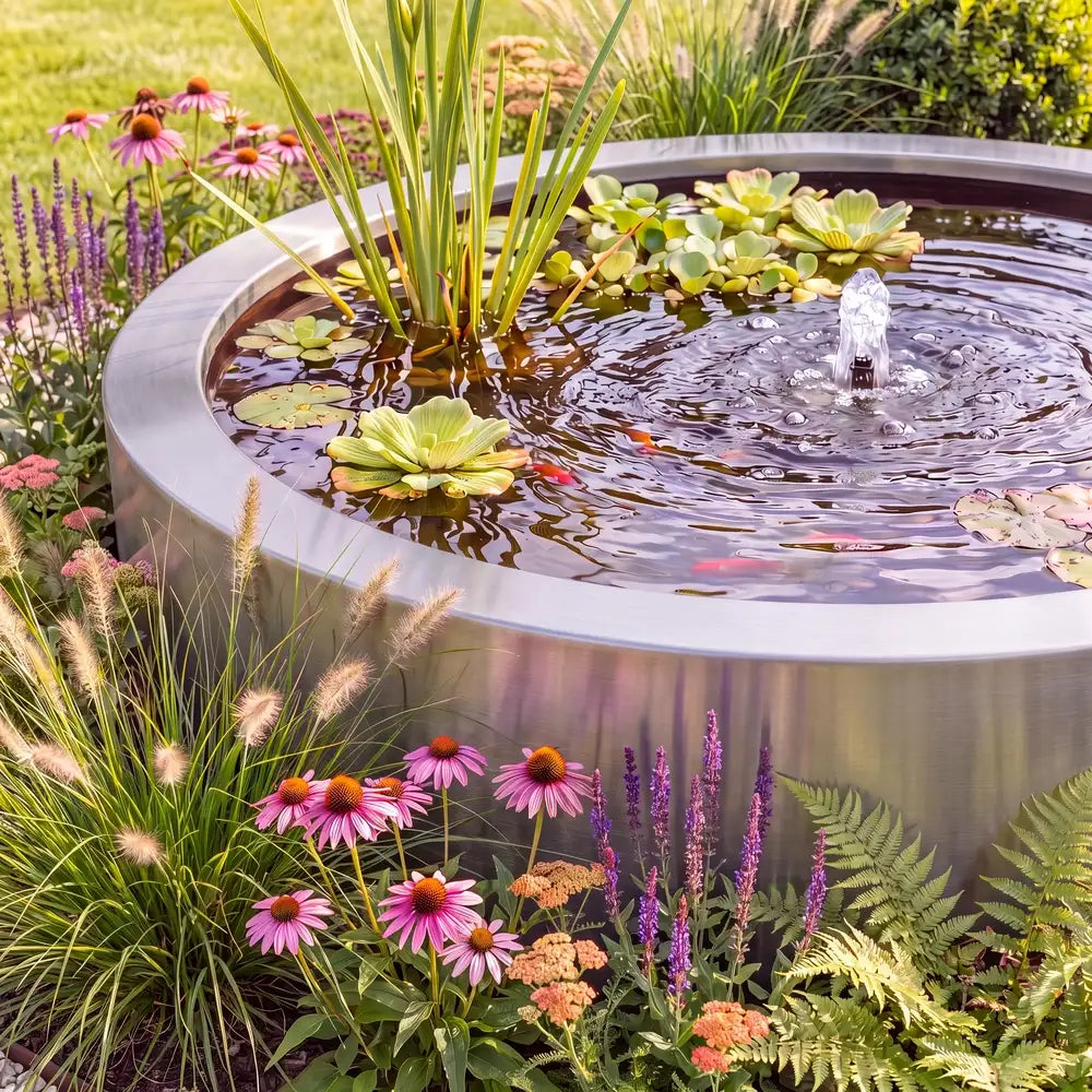 Edelstahl-Wasserbecken in runder Form mit Wasserpflanzen, kleinen Teichfischen und einer Wasserfontäne als modernes Wasserspiel.