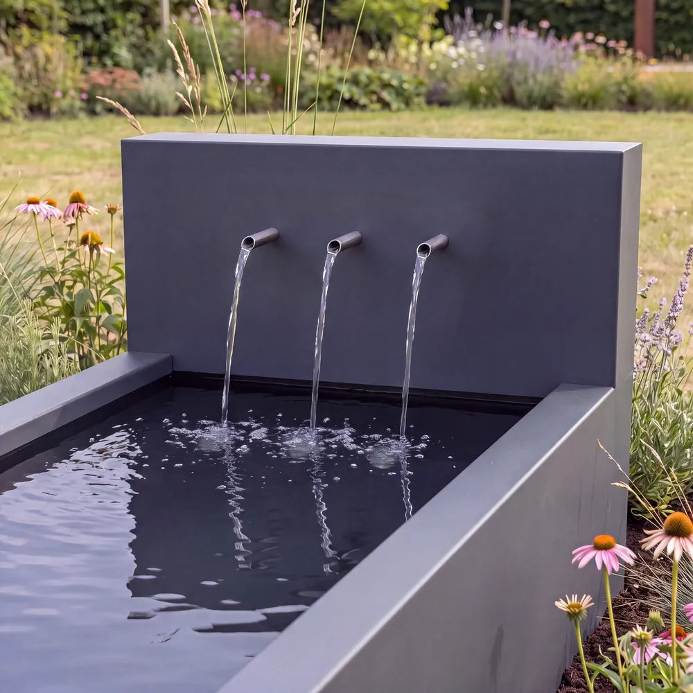Hochteich mit Metall-Wasserfall aus Aluminium und drei Wasserauslauf-Rohren in einem einem bunten Garten.