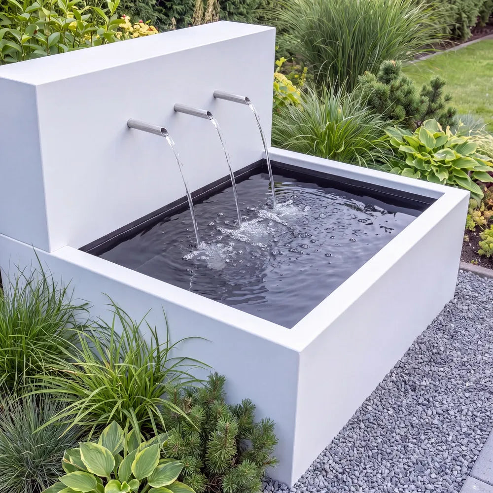 Wasserfall aus Aluminium mit Einläufen auf einem Metall-Teich in einem modernen Garten.