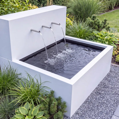 Wasserfall aus Aluminium mit Einläufen auf einem Metall-Teich in einem modernen Garten.