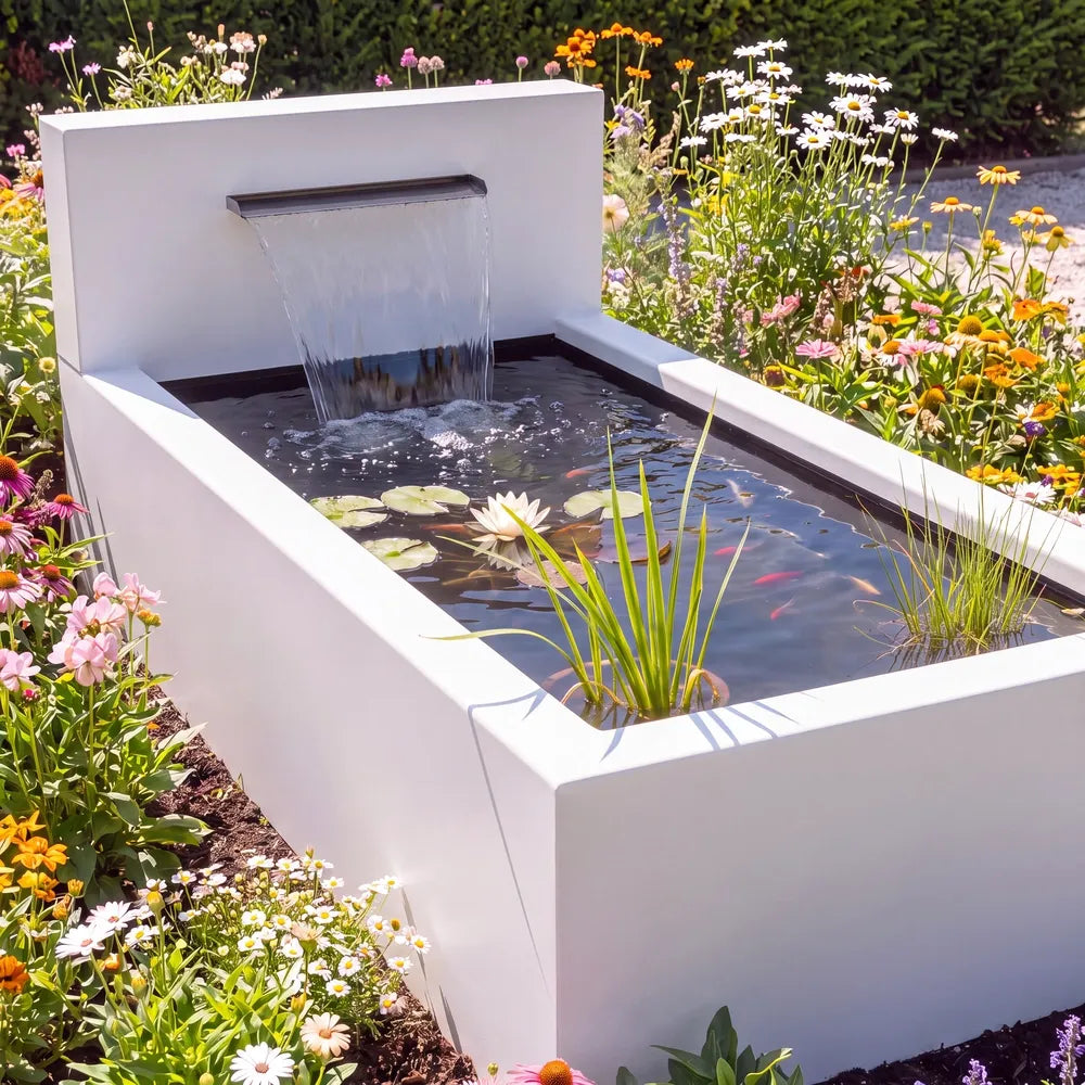 Teich aus Aluminium mit Wasserfall und Wasserschütte in einem bunten Blumenbeet in einem Garten.