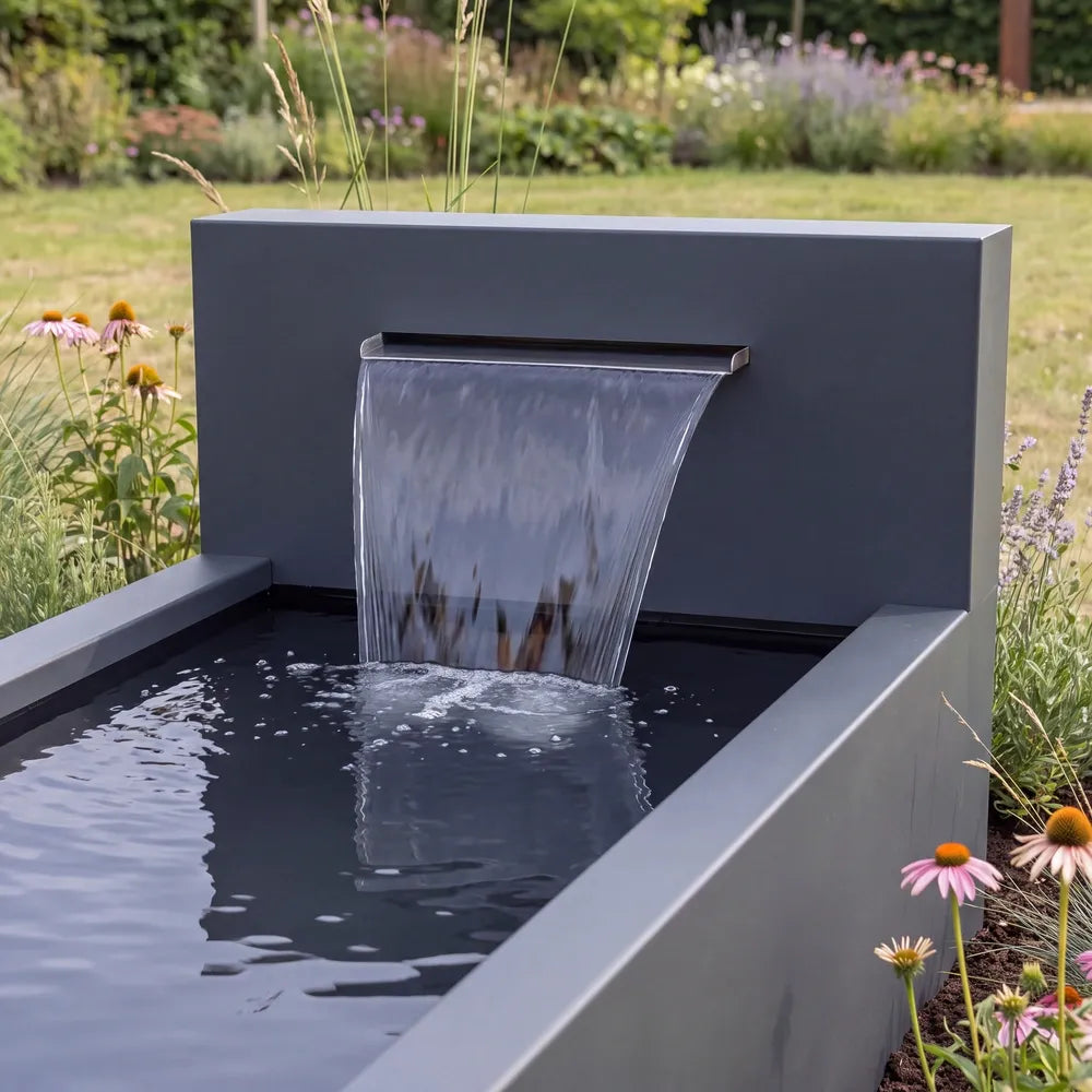 Wasserfall aus Aluminium an einem Hochteich-Becken in einem deutschen Blumenbeet.