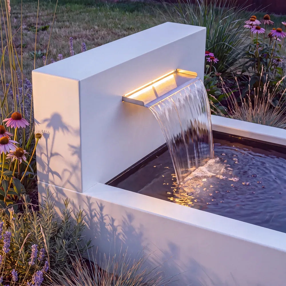 Aufschraubbarer Wasserfall an einem hohen Teichbecken aus Aluminium am Abend mit Beleuchtung.