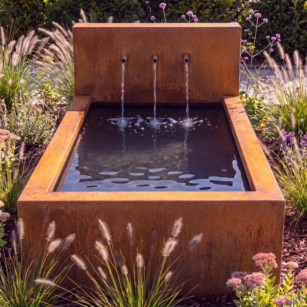Metall-Teichbecken mit Wasserfall aus Cortenstahl und Rohr-Wasserauslauf  in einem grünen Blumenbeet.
