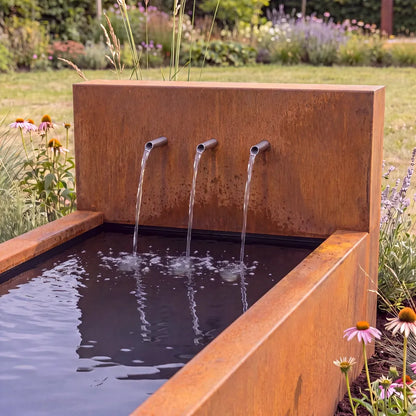 Hochteich mit Metall-Wasserfall aus Cortenstahl und drei Wasserauslauf-Rohren in einem einem bunten Garten.