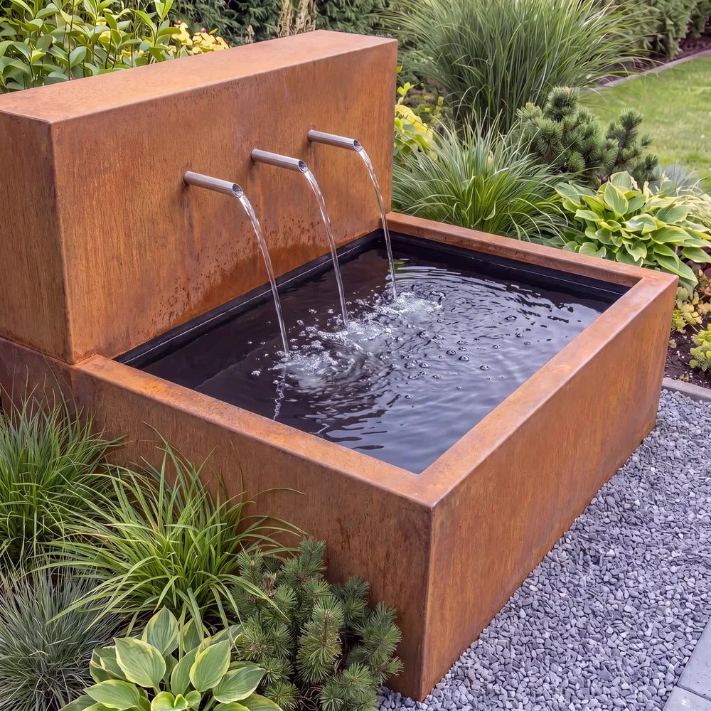 Wasserfall aus Cortenstahl mit Einläufen auf einem Metall-Teich in einem modernen Garten.