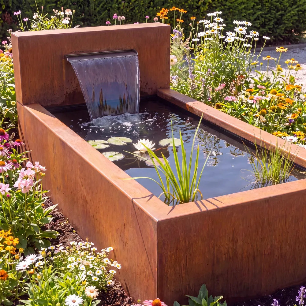 Teich aus Cortenstahl mit Wasserfall und Wasserschütte in einem bunten Blumenbeet in einem Garten.