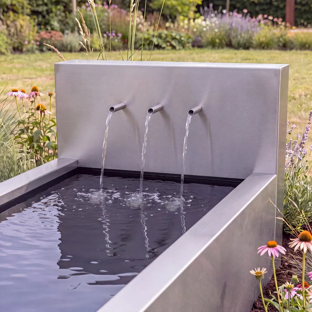 Hochteich mit Metall-Wasserfall aus Edelstahl und drei Wasserauslauf-Rohren in einem einem bunten Garten.