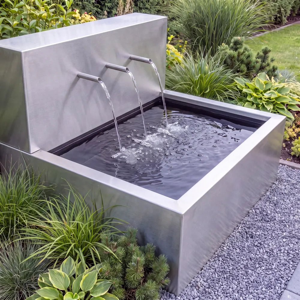 Wasserfall aus Edelstahl mit Einläufen auf einem Metall-Teich in einem modernen Garten.