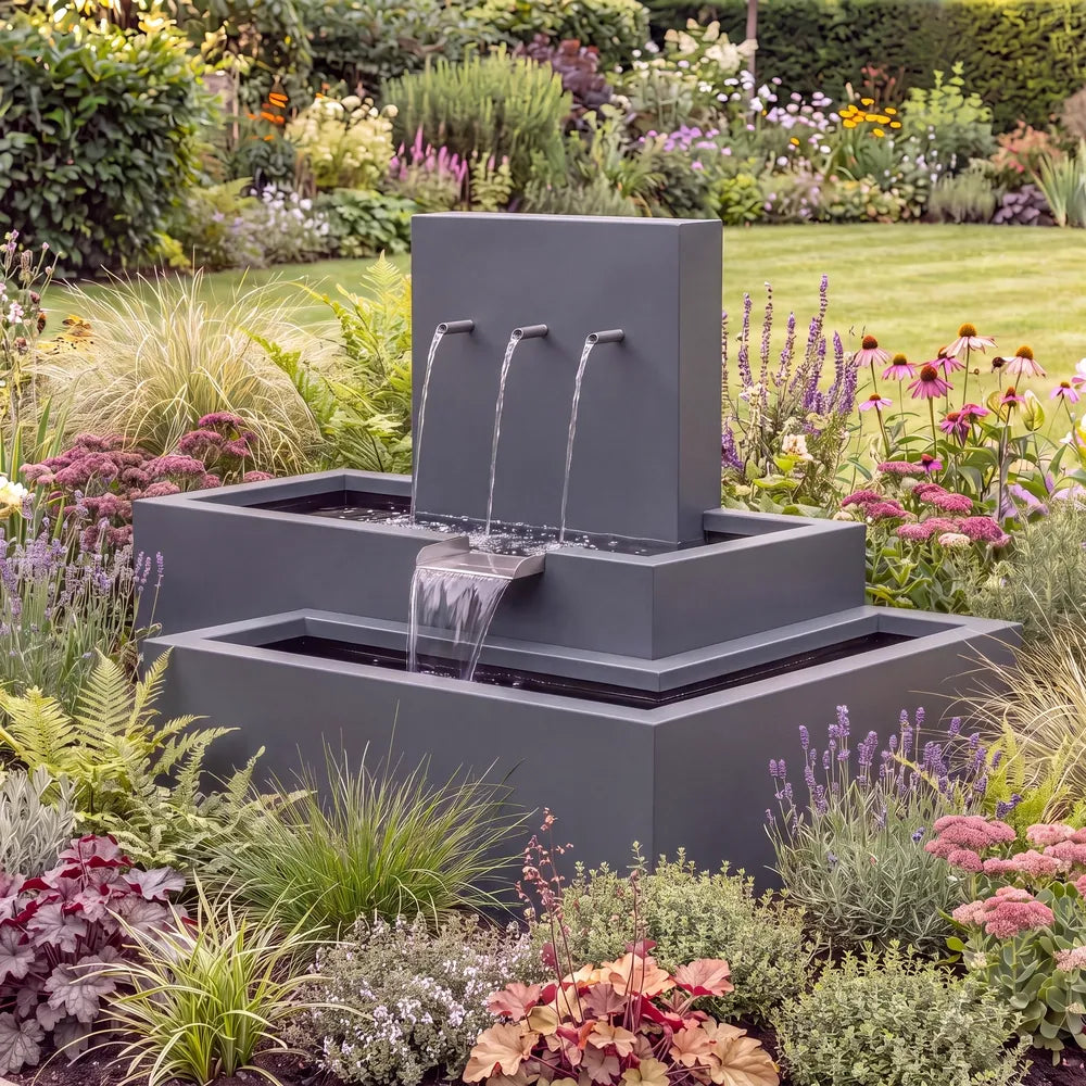 Wasserkaskade aus Aluminium mit Einlaufrohren als Wasserspiel in einem bunten Blumenbeet.
