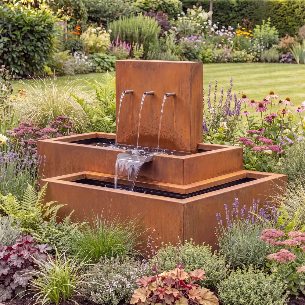 Wasserkaskade aus Cortenstahl mit Einlaufrohren als Wasserspiel in einem bunten Blumenbeet.