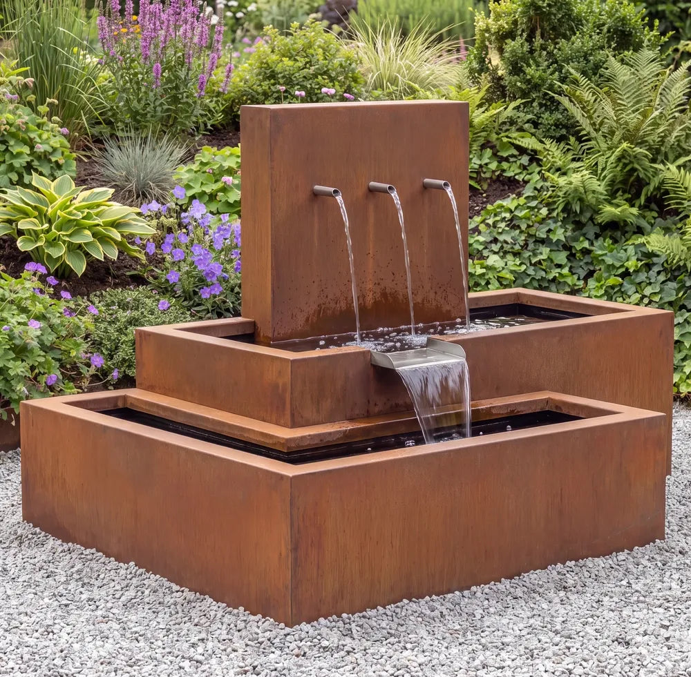 Cortenstahl-Wasserkaskade mit drei Wasserausläufen als moderner Gartenbrunnen auf einer Kiesfläche im Garten.