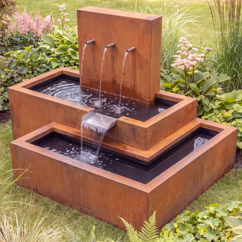 Metall-Wasserkaskade aus wetterfestem Cortenstahl und Rohreinläufen auf einer grünen Rasenfläche im Garten.