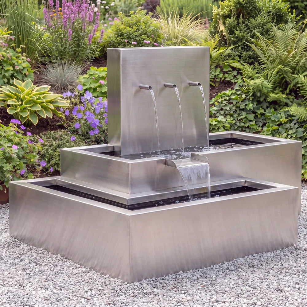 Edelstahl-Wasserkaskade mit drei Wasserausläufen als moderner Gartenbrunnen auf einer Kiesfläche im Garten.