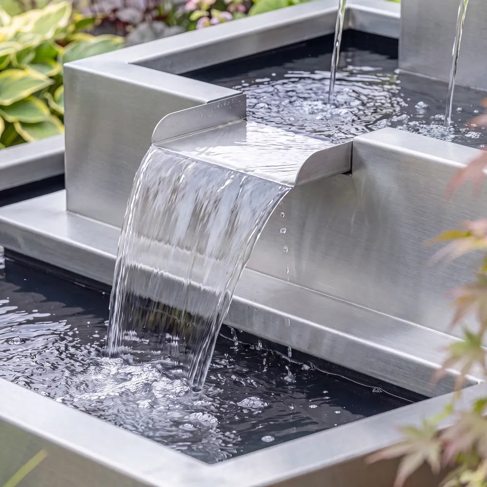 Wasserkaskade aus Edelstahl mit drei Wasserausläufen und Wasserschütte in einem grünen Blumenbeet.