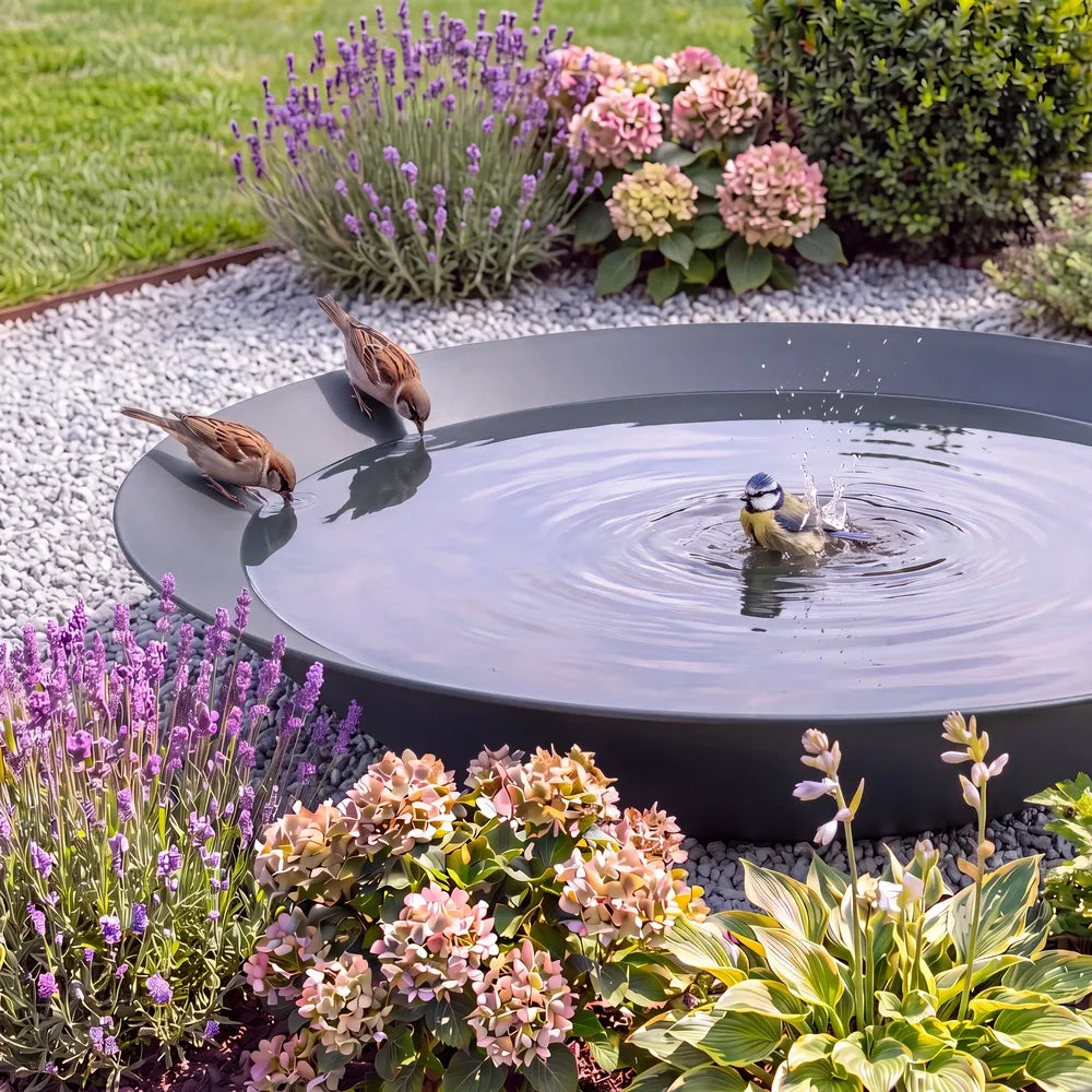 Runde Wasserschale aus Metall als stilvolle Vogeltränke mit Vögeln und Wasser in einem Blumenbeet.