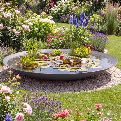 XXL-Wasserschale aus Metall mit runder Form in einem deutschen Garten auf einer Kiesfläche.