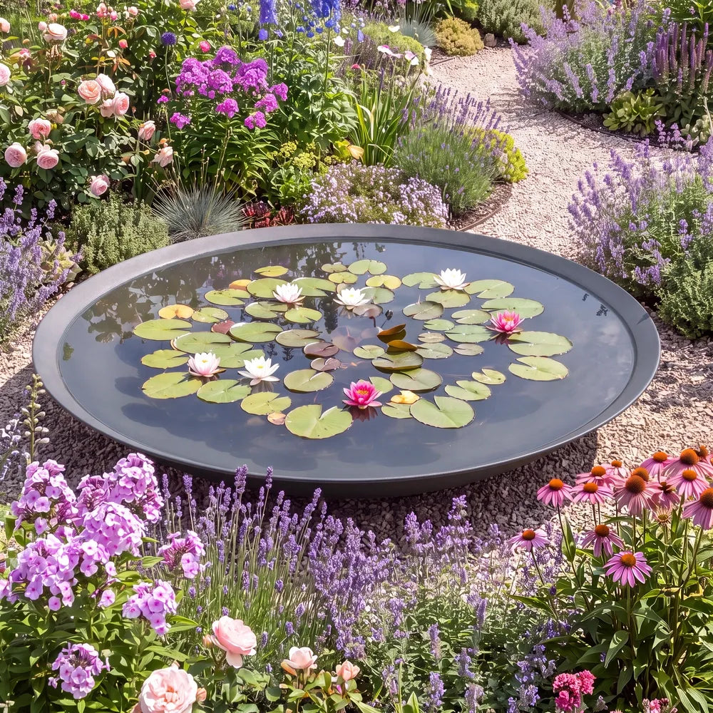 Blumenbeet mit großer runder Wasserschale aus Metall und Wasserpflanzen in dem Wasser.