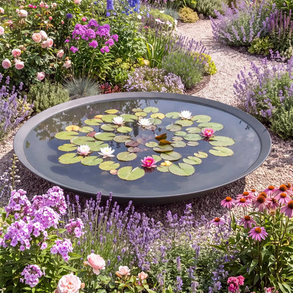 Blumenbeet mit großer runder Wasserschale aus Metall und Wasserpflanzen in dem Wasser.