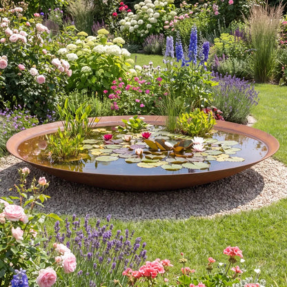 XXL-Wasserschale aus Cortenstahl mit runder Form in einem deutschen Garten auf einer Kiesfläche.
