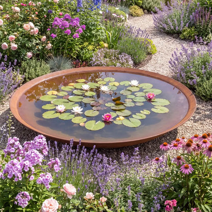 Blumenbeet mit großer runder Wasserschale aus Cortenstahl und Wasserpflanzen in dem Wasser.
